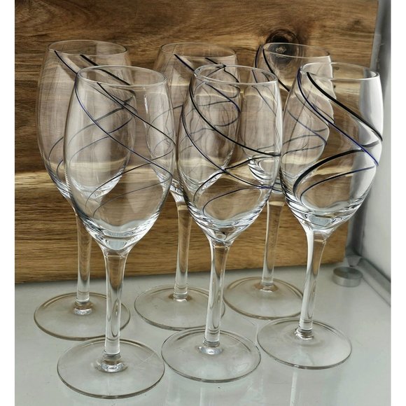 6) Fused Glass Swirl Delicate Double Line Champagne Flutes 8" Glasses blue black - Picture 5 of 11